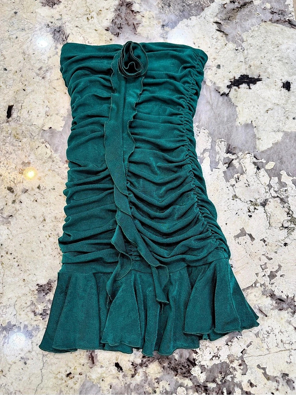 Lucy in the Sky Flower Tassel Bodycon Dress in Green Ruched Mini Dress in Green